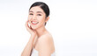 portrait of beauty asian woman with fair perfect healthy glow skin hand touching chin on white background, young beautiful asia girl with pretty smile face care. Beauty korean spa skincare.