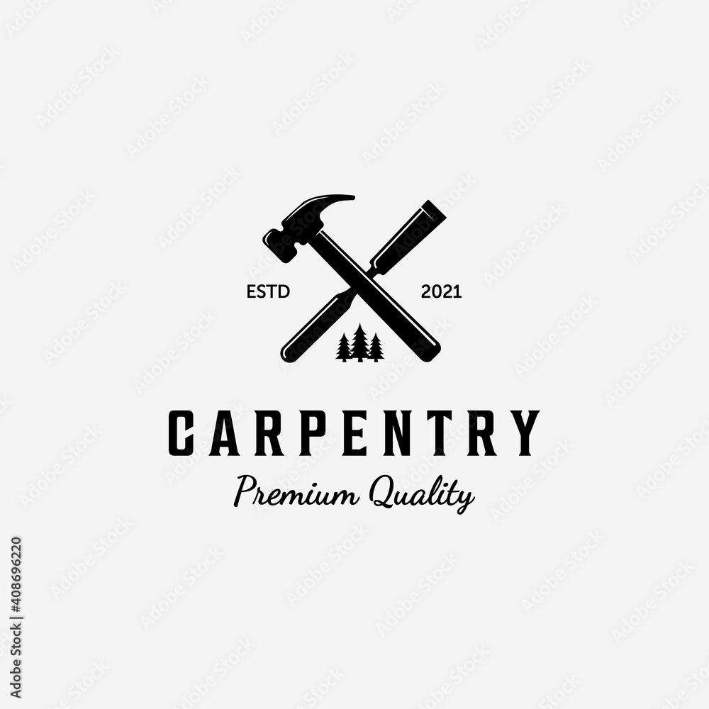 Design of Carpentry Logo Vector, Handcraft Concept with Hammer and Chisel, Vintage Illustration of Wood working - obrazy, fototapety, plakaty 