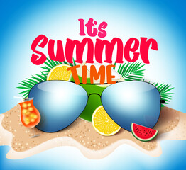 Wall Mural - summer time vector banner background. it's summer time text in island with elements like sunglasses,