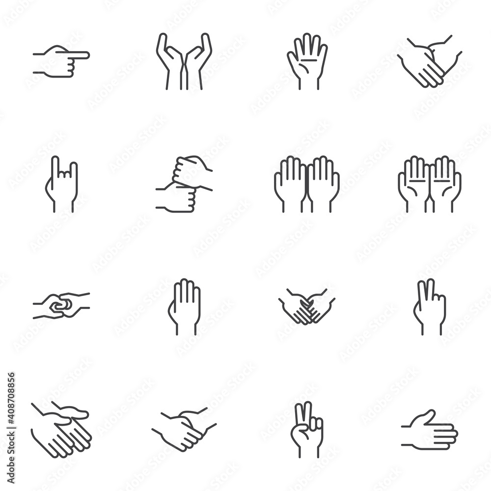 Hand gestures line icons set, outline vector symbol collection, linear ...