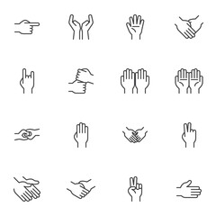 Wall Mural - Hand gestures line icons set, outline vector symbol collection, linear style pictogram pack. Signs, logo illustration. Set includes icons as human hands, finger index, arm