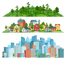 Nature, Suburban Landscape And Cityscape Isolated Illustration Set. Vector Cityscape Urban Town, Suburban Building And Village With Green Forest