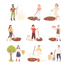 Sticker - Farmers or Agricultural Workers Cultivating Plants and Gathering Crops Vector Illustration Set