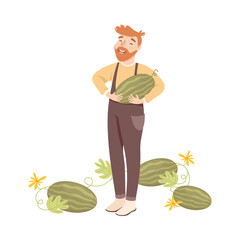 Sticker - Bearded Farmer or Agricultural Worker Holding Ripe Watermelon Vector Illustration