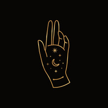 Mystical Female Golden Hand With Moon And Stars In Trendy Boho Style. Vector Palm Icon For Wall Print, T-shirt, Tattoo Design, For Social Media Post And Stories