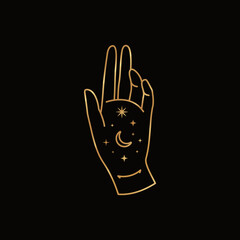 Mystical Female Golden Hand with Moon and Stars in Trendy Boho Style. Vector Palm Icon for wall print, t-shirt, tattoo Design, for social media post and stories