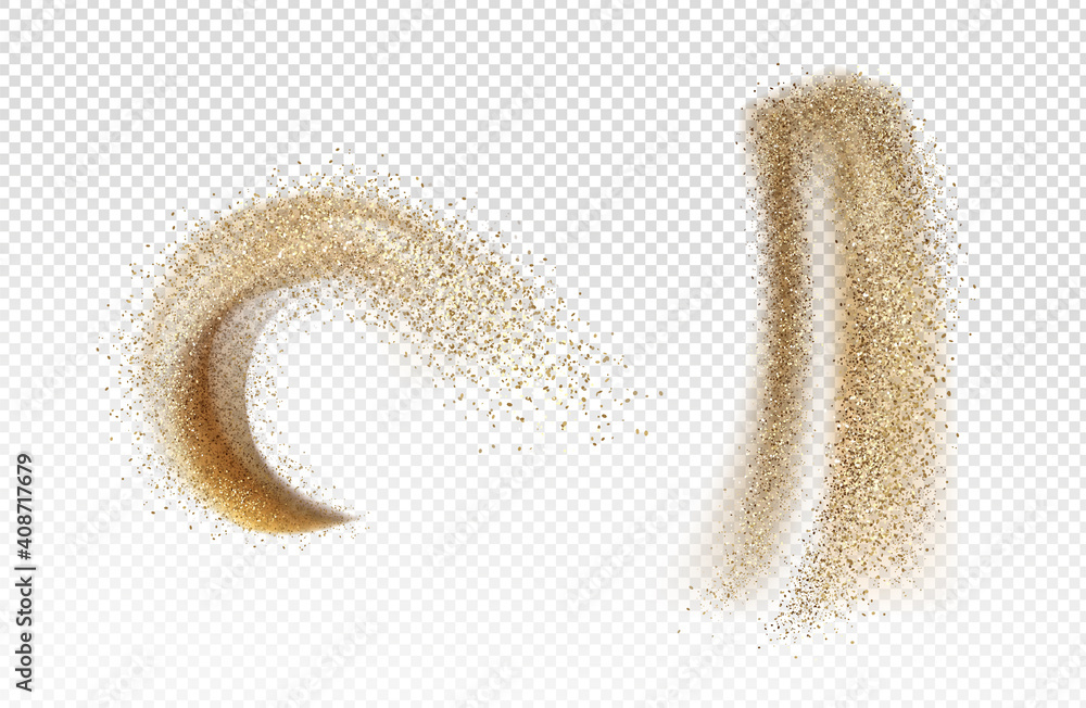 Explosion and pour of gold sand, falling dust with glitter particles isolated on transparent background. Vector realistic set of yellow sand powder splashes and clouds. Motion effect of shimmer flows - obrazy, fototapety, plakaty 