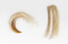 Explosion And Pour Of Gold Sand, Falling Dust With Glitter Particles Isolated On Transparent Background. Vector Realistic Set Of Yellow Sand Powder Splashes And Clouds. Motion Effect Of Shimmer Flows