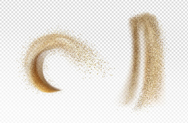 Wall Mural - explosion and pour of gold sand, falling dust with glitter particles isolated on transparent backgro