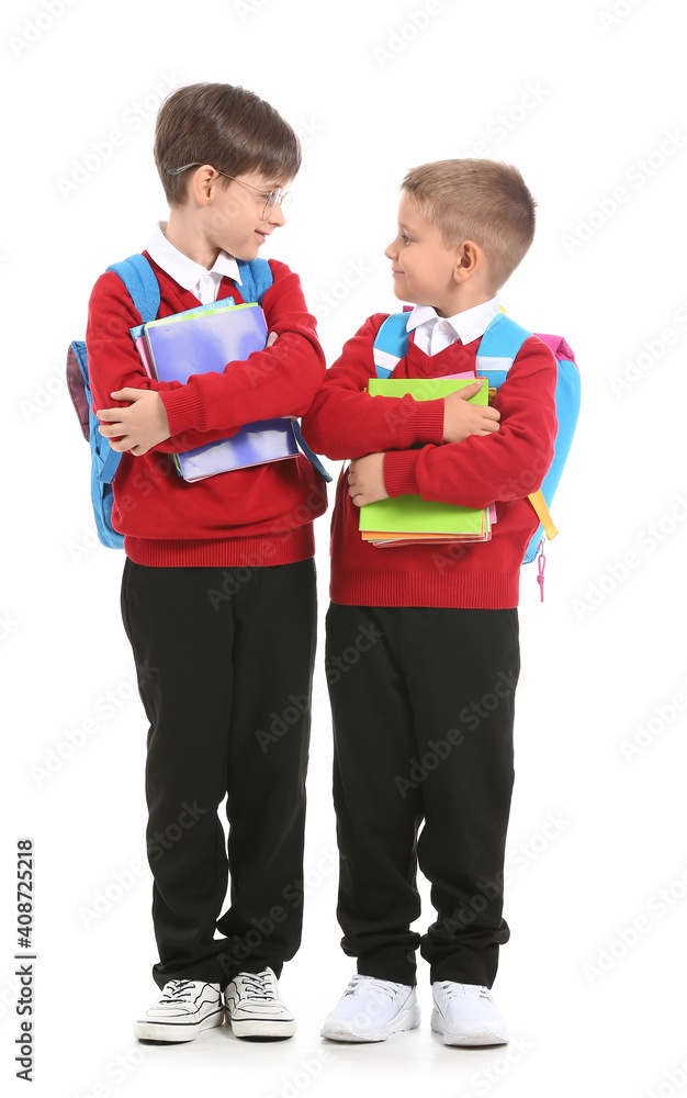 Little schoolboys with books on white background