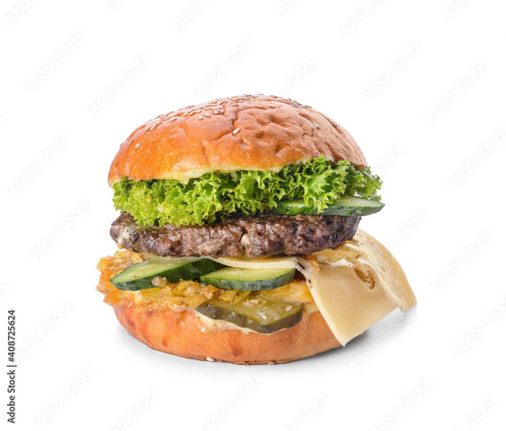 Tasty fresh burger on white background