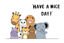 Cute Adorable Animals Greeting Cartoon Doodle Card Background Wallpaper, Can Use For Nursery Or Print On Product