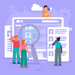 © paper_owl - Hire, vacancy, search for new employee. Group of people stand near big screen with employee resume. Modern vector illustration