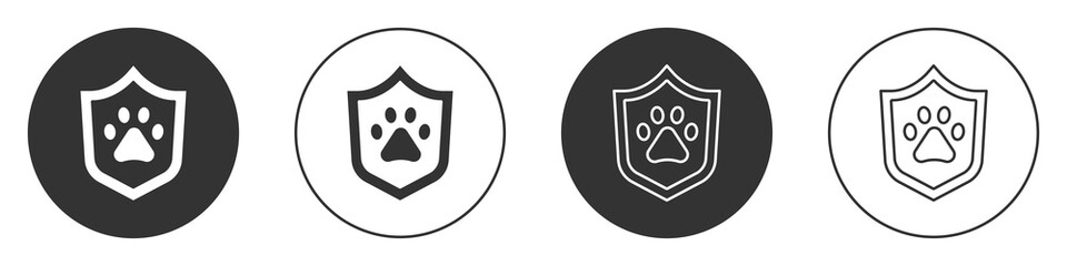 Sticker - Black Animal health insurance icon isolated on white background. Pet protection concept. Dog or cat paw print. Circle button. Vector.