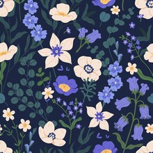 Elegant Seamless Floral Pattern With Bluebells And Anemones. Endless Design With Gorgeous Wild Flowers For Printing And Decoration. Repeatable Botanical Dark Backdrop. Color Flat Vector Illustration