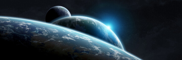 Leinwandbilder - Panoramic space planets background. Panorama of distant solar system with exoplanets 3D rendering elements of this image furnished by NASA