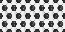 Soccer Ball Texture. Football Seamless Pattern In Grunge Style. Black And White Hexagon Wallpaper. Vector Repeated Tile Design.
