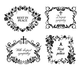 Wall Mural - Funeral wreath cards of flowers, obituary RIP and condolences, vector black floral frames. Funeral memory and Deepest Sympathy message for columbarium or cemetery grave plates, black roses wreath