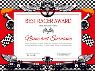 Best racer award diploma vector template. Racing winner border with black and white chequered flag, winged car and cup. Rally victory success certificate for participation or best result achievement