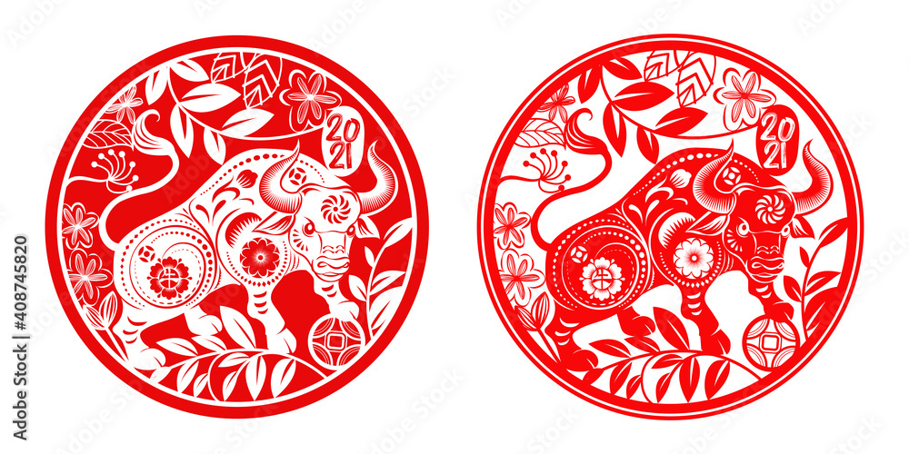 Chinese new year 2021 year of the ox,Red paper cut chinese Ox cow zodiac and flower in Rounded circle frame and china word mean ox  - obrazy, fototapety, plakaty 