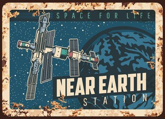 Wall Mural - near earth station vector rusty metal plate, international orbital space station or satellite orbiti