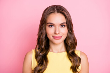 Photo of young attractive handsome good mood smiling pretty girl with long wavy hair isolated on pink color background