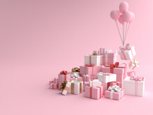 3D Rendering Mockup Of Many Pink White Gift Boxes Lay On A Pastel Pink Background And Conceptual Of White Boxes Pink Ribbon Floating By Pink Balloons Minimal Style. Can Be Used For Christmas, Birthday