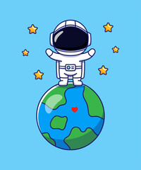 Wall Mural - Cute astronaut standing on planet earth