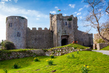 Manorbier Castle In Pembrokeshire South Wales UK Which Is An 11th Century Norman Fort Ruin And A Popular Travel Destination Tourist Attraction Landmark, Stock Photo Image