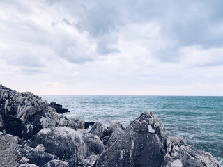 Rocky coastline background, sea view