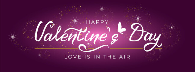 Wall Mural - Valentine's day greeting card with hand drawn lettering and butterfly icon on purple background gold glittering. For holiday invitations, banner, cover social network. Vector illustration.