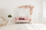 Fototapeta Kwiaty - luxury delicate interior of the living room and bedroom in light colors with expensive chic carved furniture in classic style