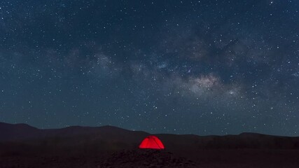 Wall Mural - red tent under milky way galaxy time lapse lampang thailand, universe galaxy milky way time lapse, d