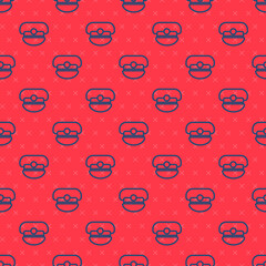 Sticker - Blue line Captain hat icon isolated seamless pattern on red background. Vector.