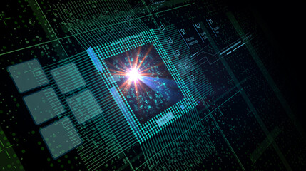 CPU Chip on Motherboard - abstract 3D render of a computer processor chip on a circuit board with microchips and other computer parts