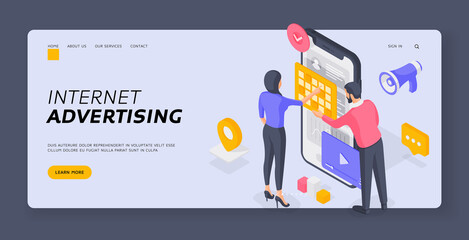 Wall Mural - people advertising products in internet. banner template. isometric vector illustration