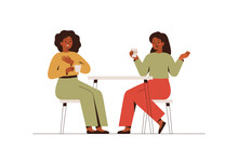 Happy Female Friends Rest In The Cafe And Talk About Something. Two Black Women Spending Time Together At Coffee Break. Flat Vector Illustration Isolated On White Background