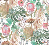 a modern boho style pattern tropical dried flowers and a proteus flower are painted in watercolor with sprigs of cotton a turquoise background