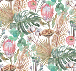 Fototapeta a modern boho style pattern tropical dried flowers and a proteus flower are painted in watercolor with sprigs of cotton a turquoise background