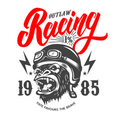 Poster - Outlaw Racing. Emblem template with cartoon racer gorilla. Design element for logo, label, sign, emblem, poster. Vector illustration