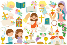 Christianity Clipart Bundle. Various Religious Symbols And Cartoon Characters Of Jesus, Mary, Cute Angels And Praying Kids.