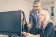 © Mangostar - Boss looking and pointing at monitor, commenting project while manager typing and working on presentation. Medium shot. Business communication concept