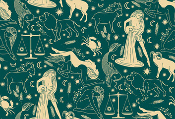 Wall Mural - seamless pattern - signs of the zodiac. silhouettes of astrological signs of gold color on a backgro