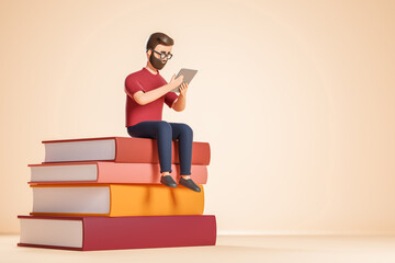 Cartoon character beard man in glasses red tshirt seat at books and use digital tablet. Online education concept.