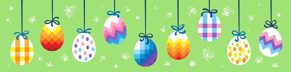 Sticker - Happy Easter! Nine Easter eggs hanging on strings. Decorative poster, postcard or banner. Isolated on green background with white ornament.  Vector flat illustration.