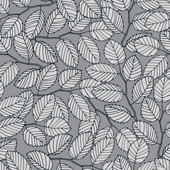 Seamless pattern with elm tree branches and leaves on white background for surface design and other design projects. Monochrome realistic line art