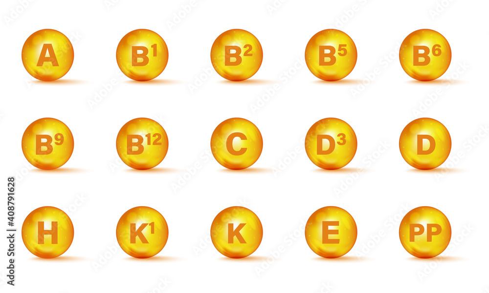 Set of Multi Vitamin complex icons. Multivitamin supplement. Vitamin A, B group B1, B2, B3, B5, B6, B9, B12, C, D, D3, E, K, H, K1, PP. Essential vitamin complex. Healthy life concept - obrazy, fototapety, plakaty 