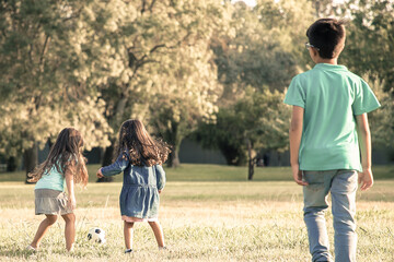 Active children playing football on grass in city park. Full length, back view. Childhood and outdoor activity concept