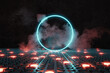 © Brilliant Eye - 3d rendering of blue neon circle on shining button floor and surrounded by smoke