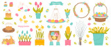 Fototapeta Boho - Happy Easter set. Easter holiday collection elements isolated on a white background. Spring color palette. Vector illustration in flat style.